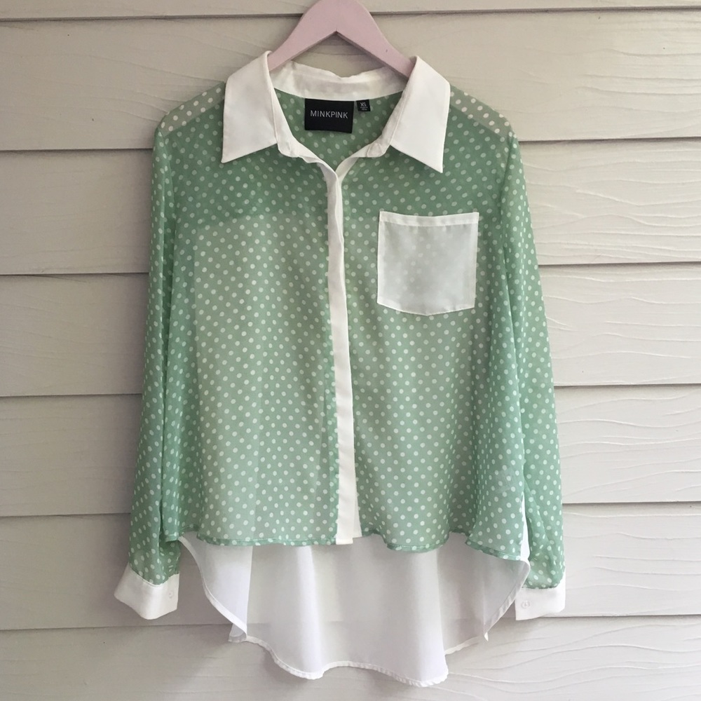 MINKPINK Sheer Mint and White Polkadot Button Down High-Low Blouse NWOT